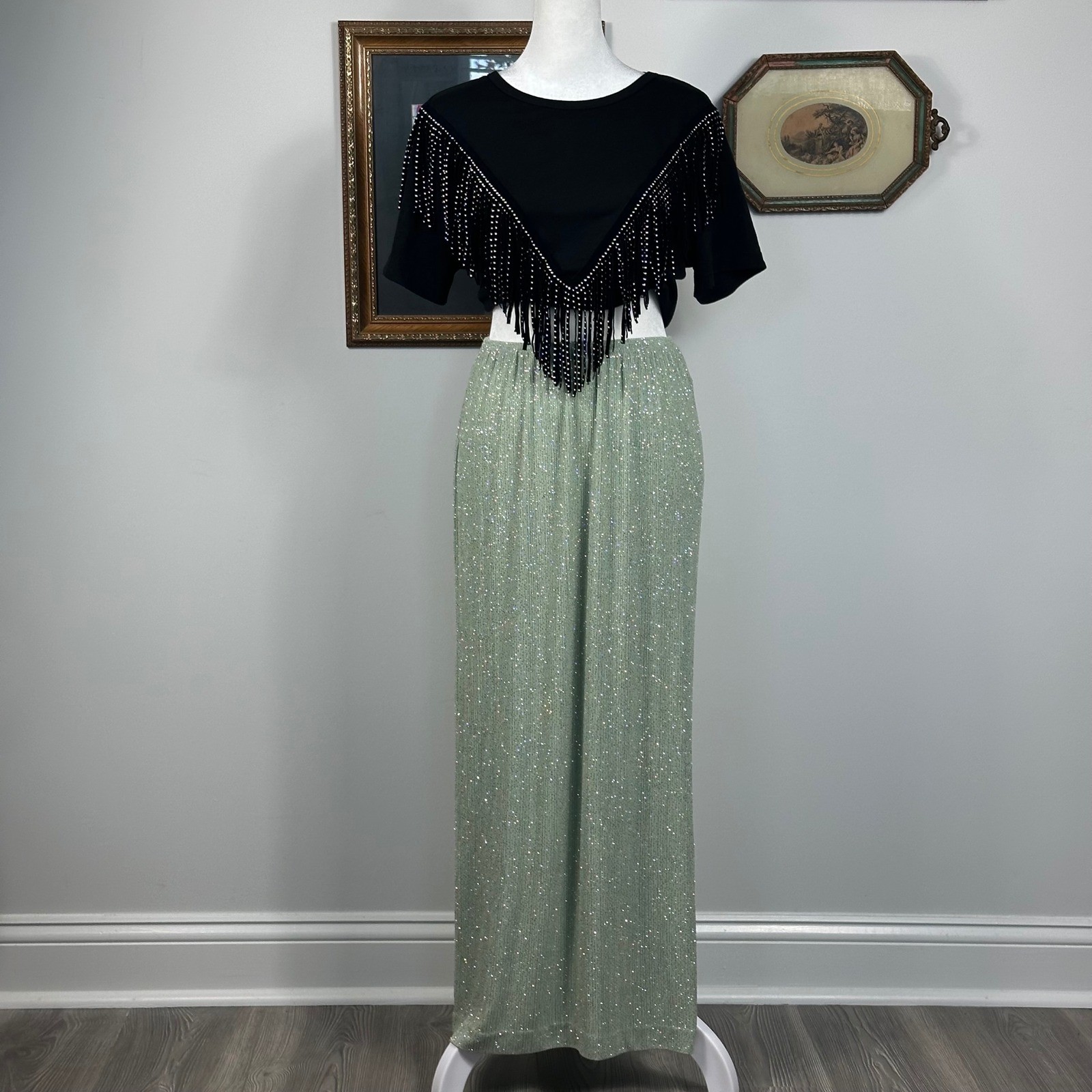 Vintage Mint Metallic Maxi Skirt – SIZE 12P Jeffrey & Dara Evenings Party