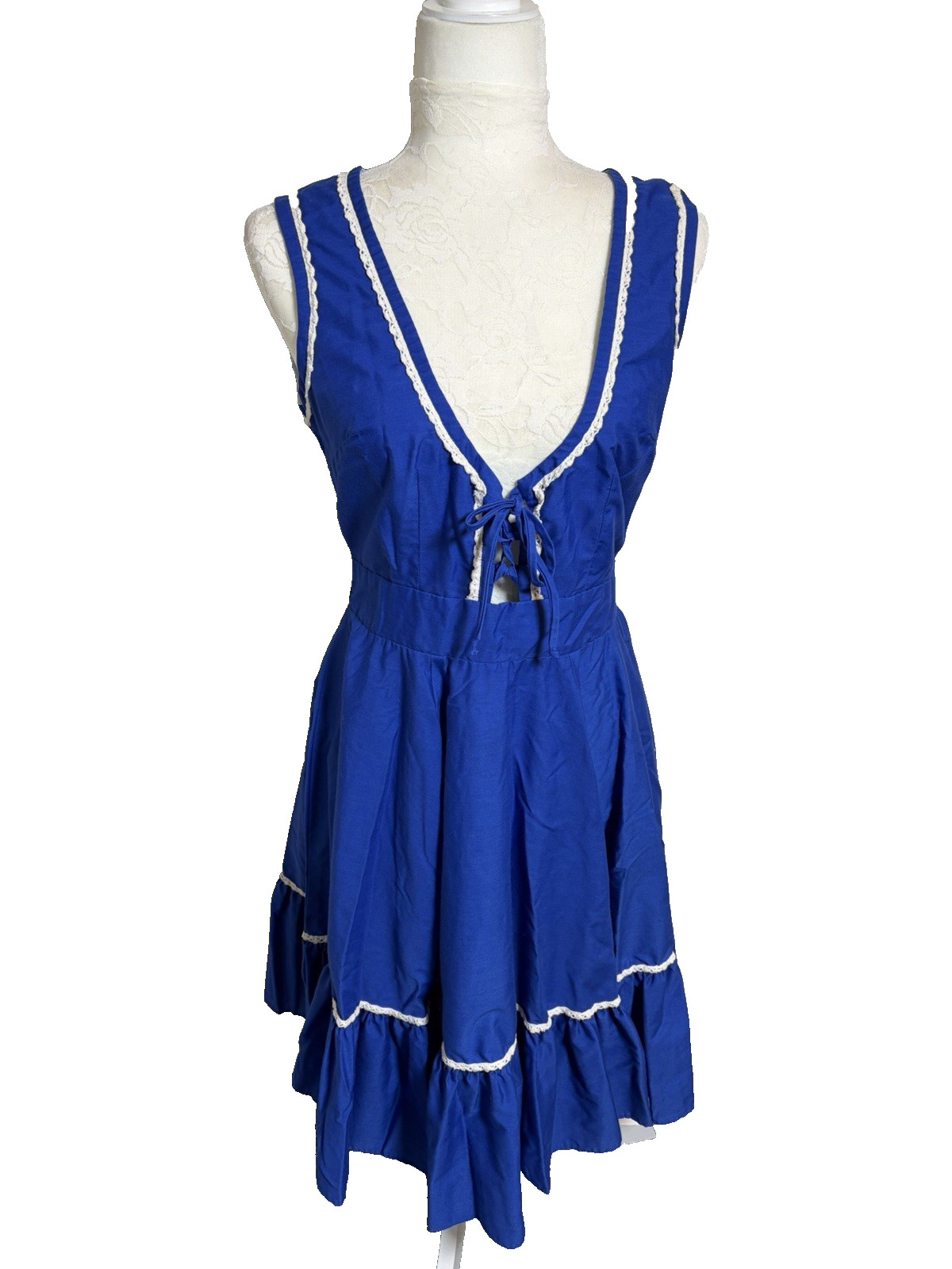 Vtg. 70&rsquo;s Partner Please Square Dancing Dress~14~Blue Lace up Bodice Rockabilly