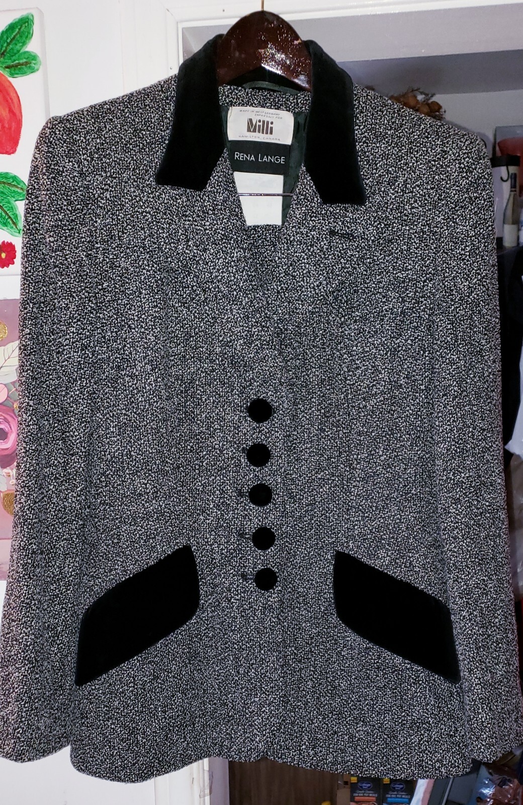 RENA LANGE VINTAGE SALT & PEPPER WOOL TWEED COAT SKIRT TAILORED SUIT EU42 US8