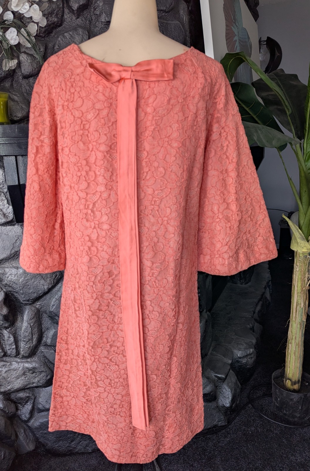 Vtg 60s Coral Peach Lace A-line Dress Bell Sleeves Satin Bow Sz M Party Cocktail
