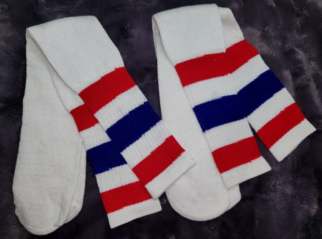 VTG 80&rsquo;s 2 Thick Stripe Tube Socks 23&Prime; long Standard Size Green Yellow White NOS