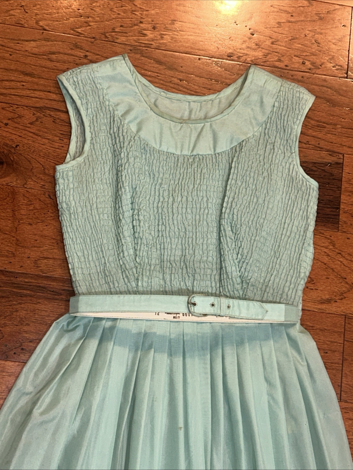 Vtg Women&rsquo;s 50s Sleeveless Seafoam Green Belted Party Dress Chiffon Pleats Sz 12