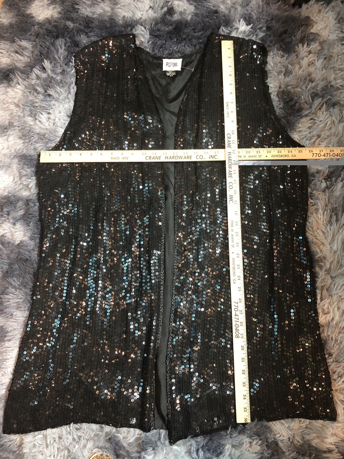 Vintage “Royal” Black Silk Sequined Sleeveless Jacket/Duster~XXL