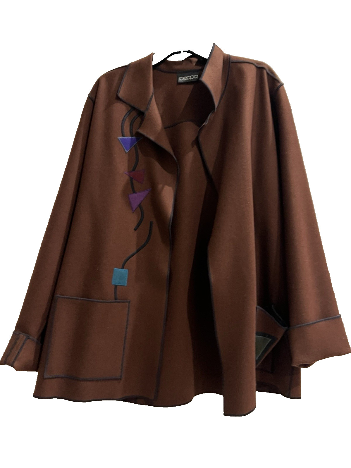 XL Vintage Wool Open Coat Beppa Women’s Brown avant-garde applique Art to Wear