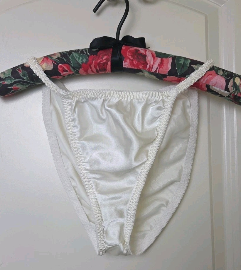 Vintage 90s Shiny Satin String Bikini Panties Ivory California Dynasty 1X Plus