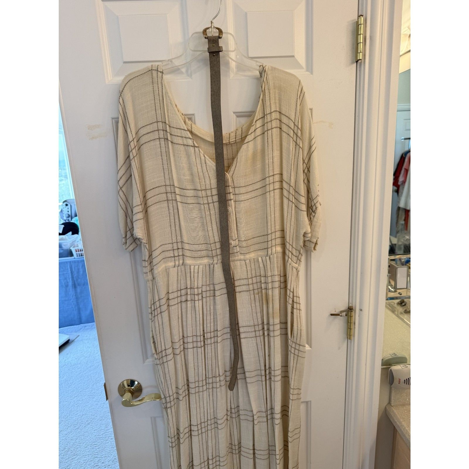 Plaid Button Front Midi Dress with Belt Cream Brown Plaid Size L/XL