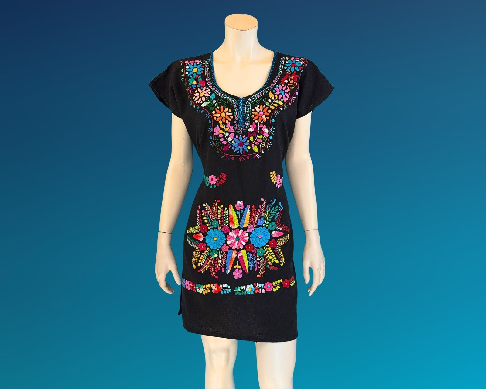 Vintage Mexican Embroidered Cotton Mini Hippie Folk Dress | M