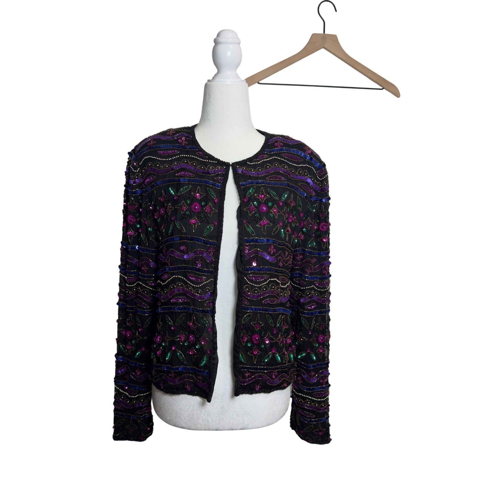 Papell Boutique Evening Vintage Beaded Sequin Jacket Black Silk Purple Small