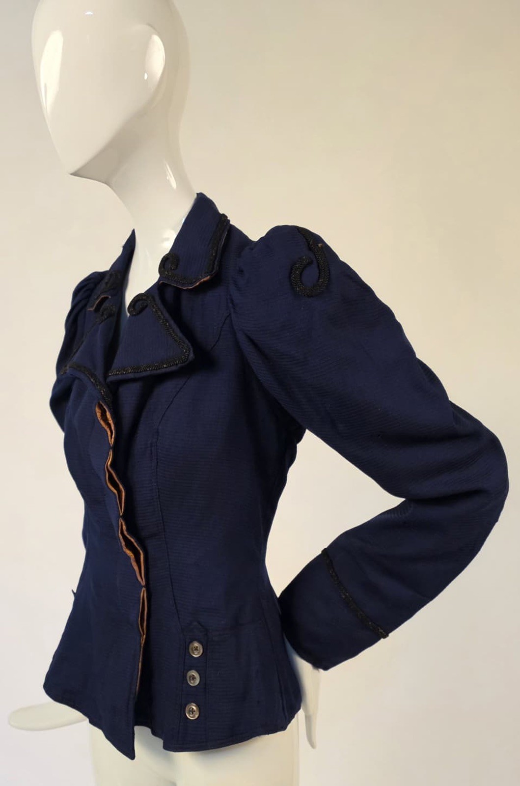 VICTORIAN 1890’S BUSTLE BACK JACKET W PUFF SLEEVES + SOUTACHE DETAIL