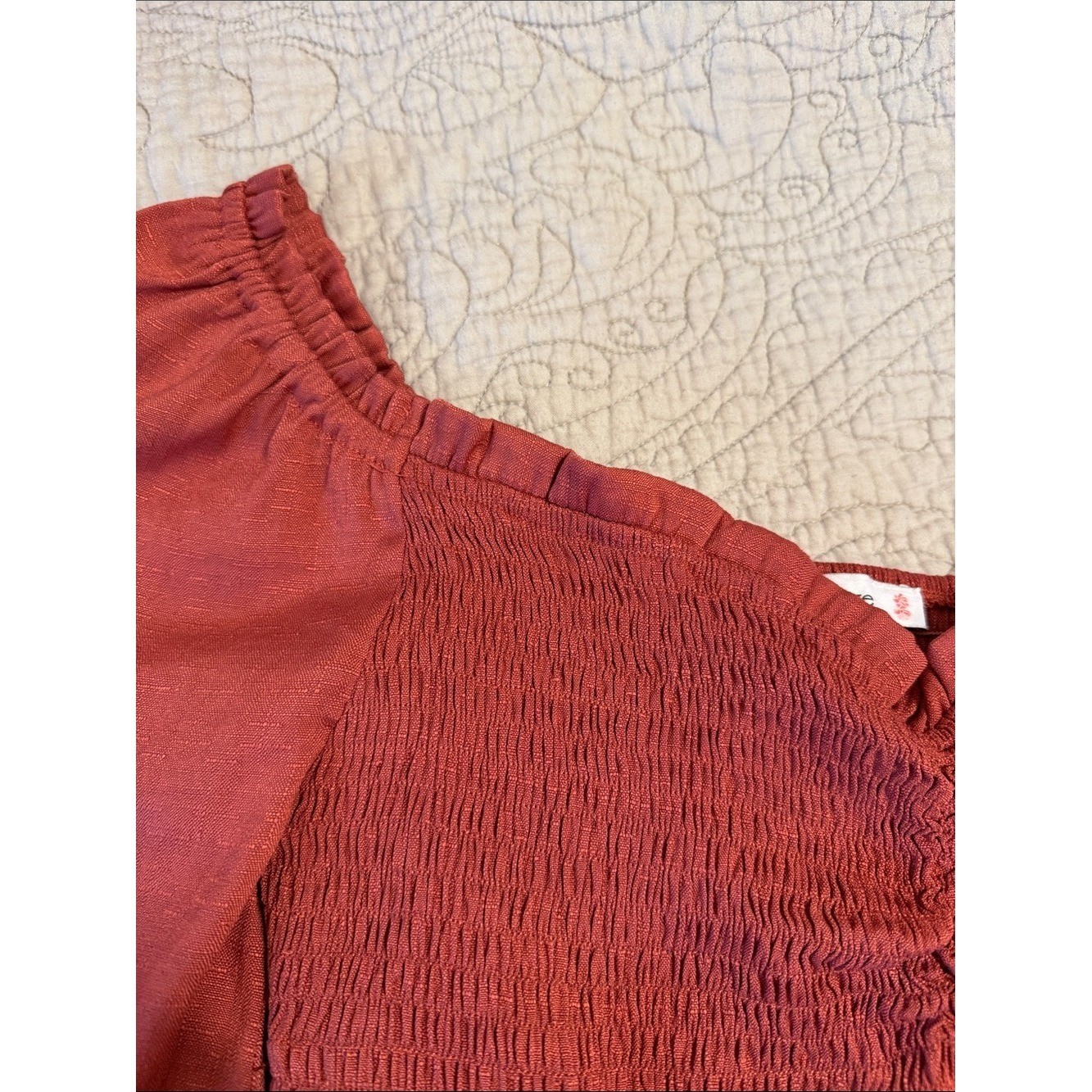 Boho Smocked Peplum Peasant Blouse with Ruffle Bell Sleeves Size M – Rust Rose