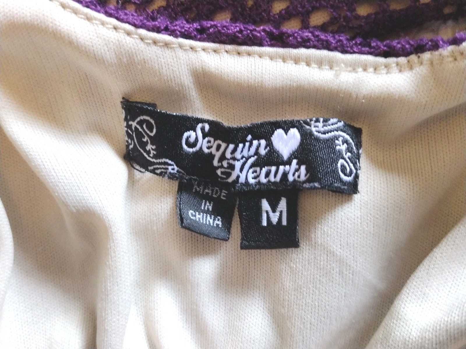EUC Y2K Sequin Hearts Purple Lined Crochet Lace Stretch Dress Jr Sz M #CL