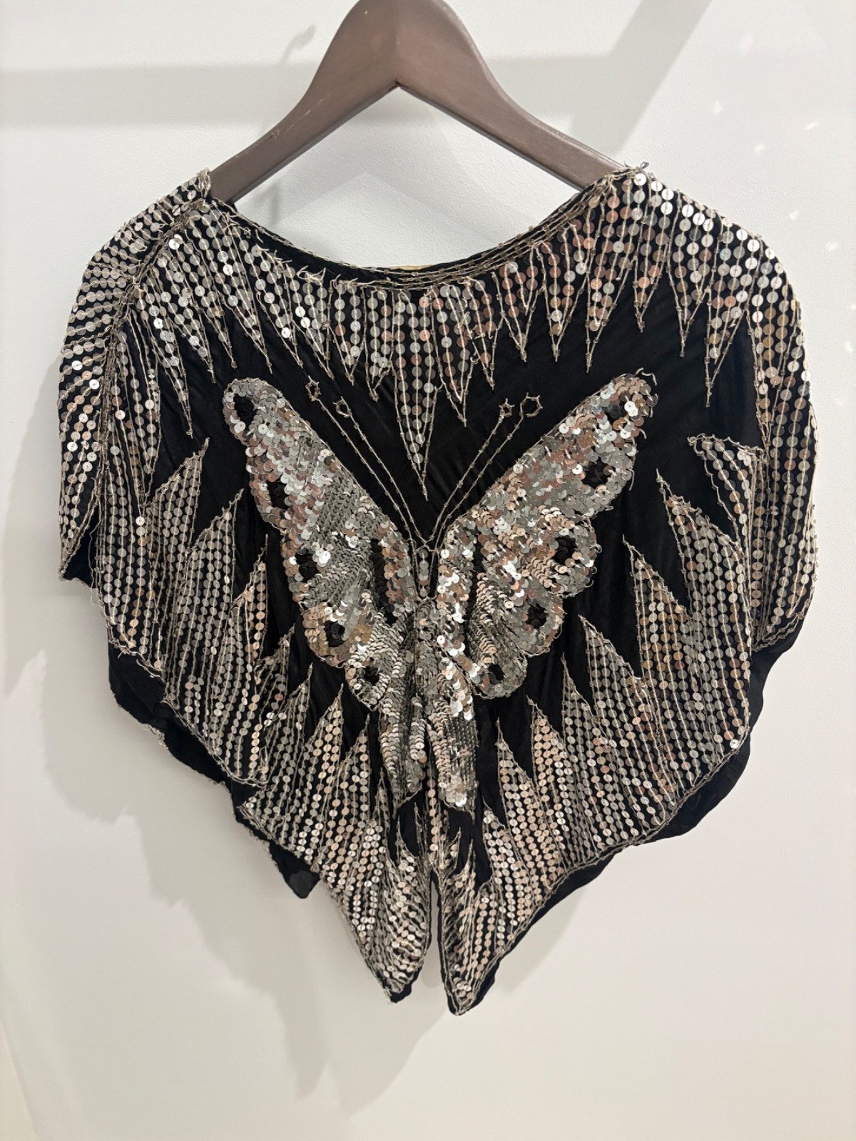 Vintage 1970s Disco 100% Silk Butterfly Blouse Lining Gold Sequins Sz Medium