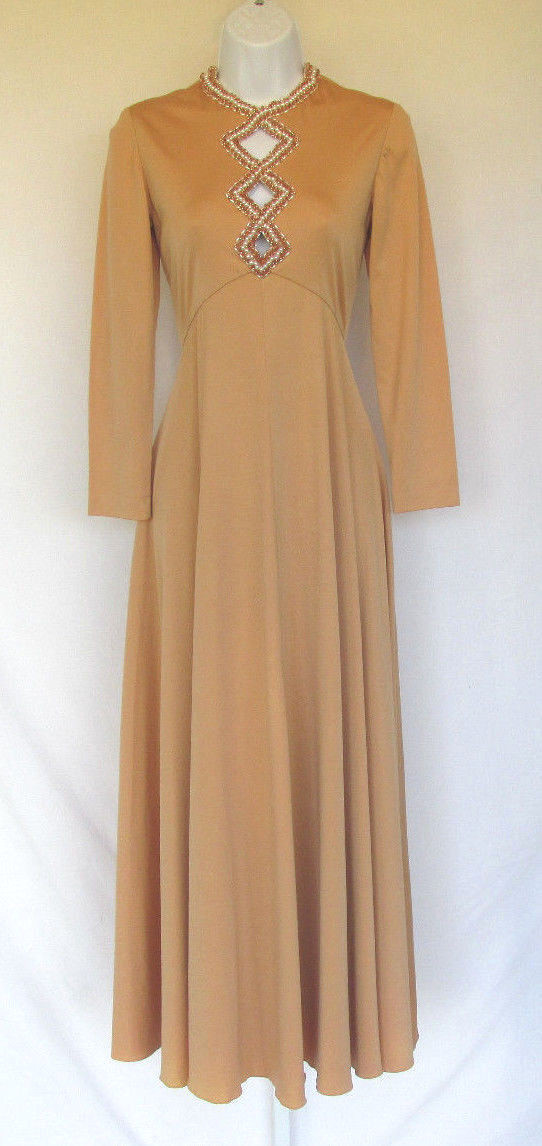 VINTAGE DRESS 1950s 60s MOD VICTORIA ROYAL BEADS KEY HOLE BRONZE SIZE 10 PEARLS