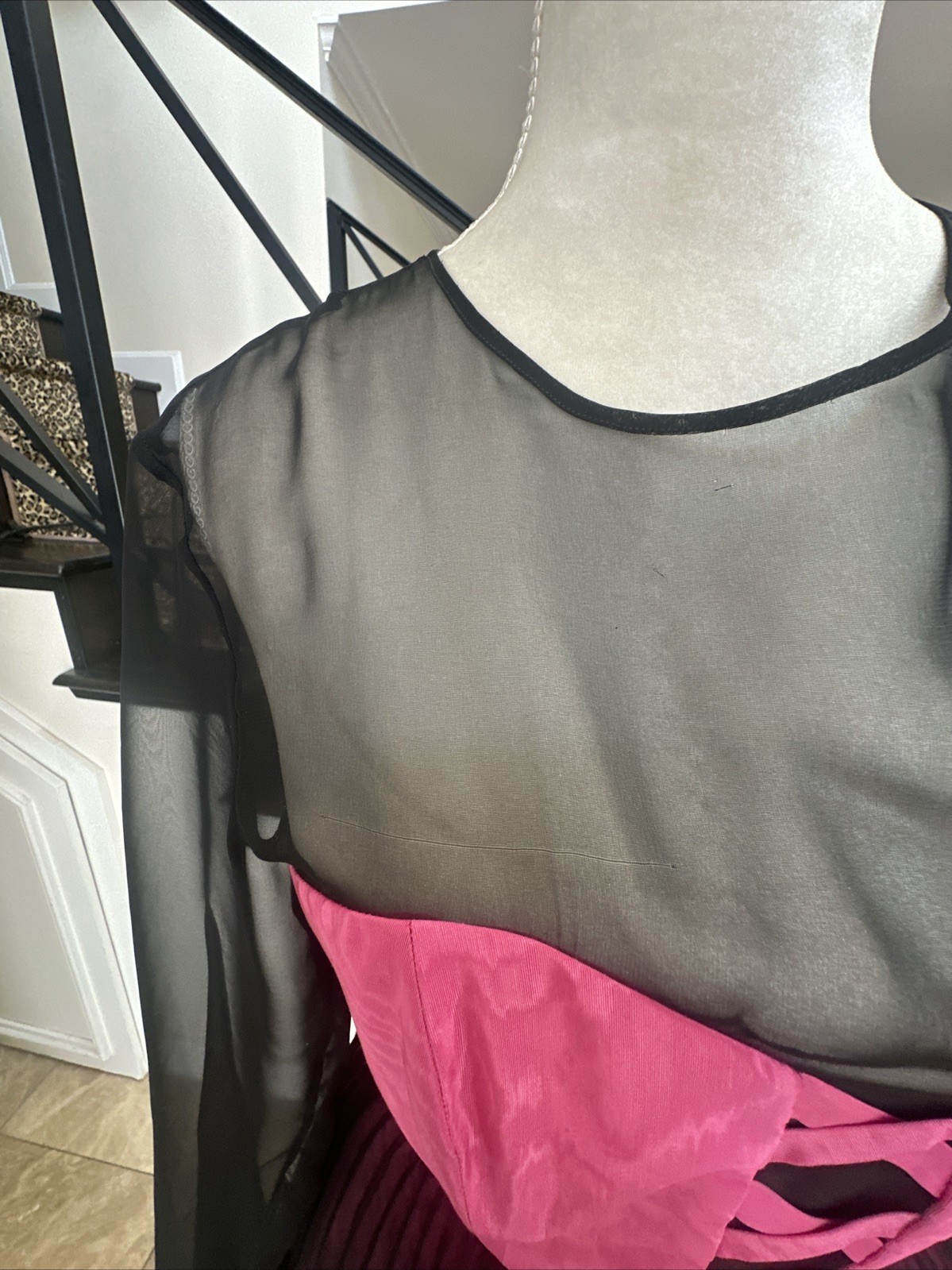 Guy Laroche 80s Pink Moire & Black Chiffon Corseted Tiered Pleated Dress 40