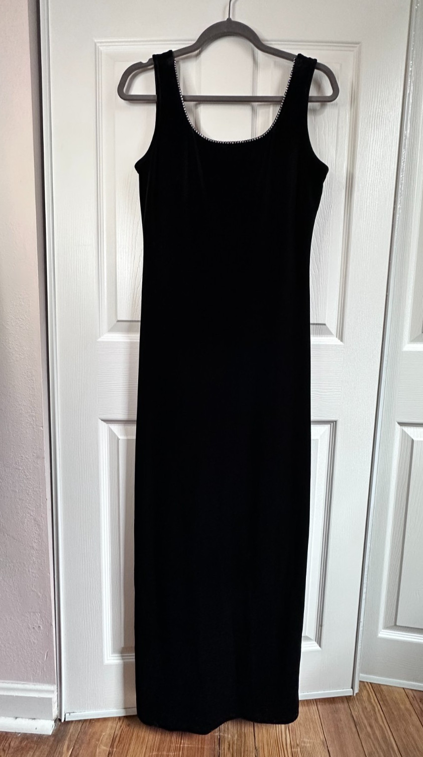 Vtg 90s Size 8 Alex Evenings Black Velvet w Rhinestone Trim Maxi Evening Gown
