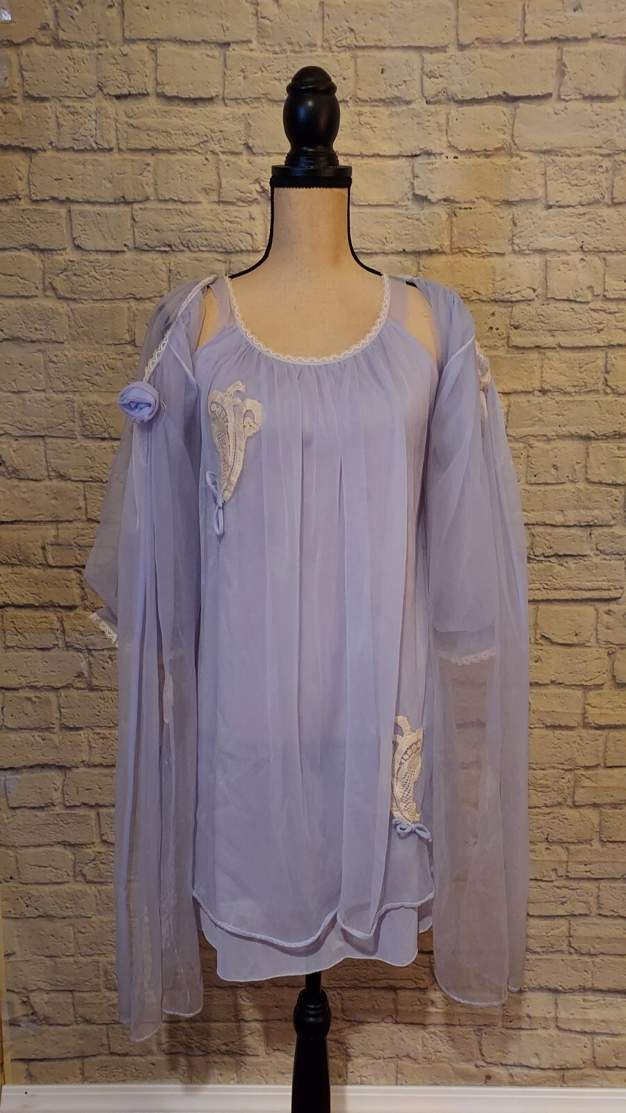 Vintage 60&rsquo;s Lisette Al Sterling Nylon Lace Lilac Peignoir Set 3 Layer Size SM