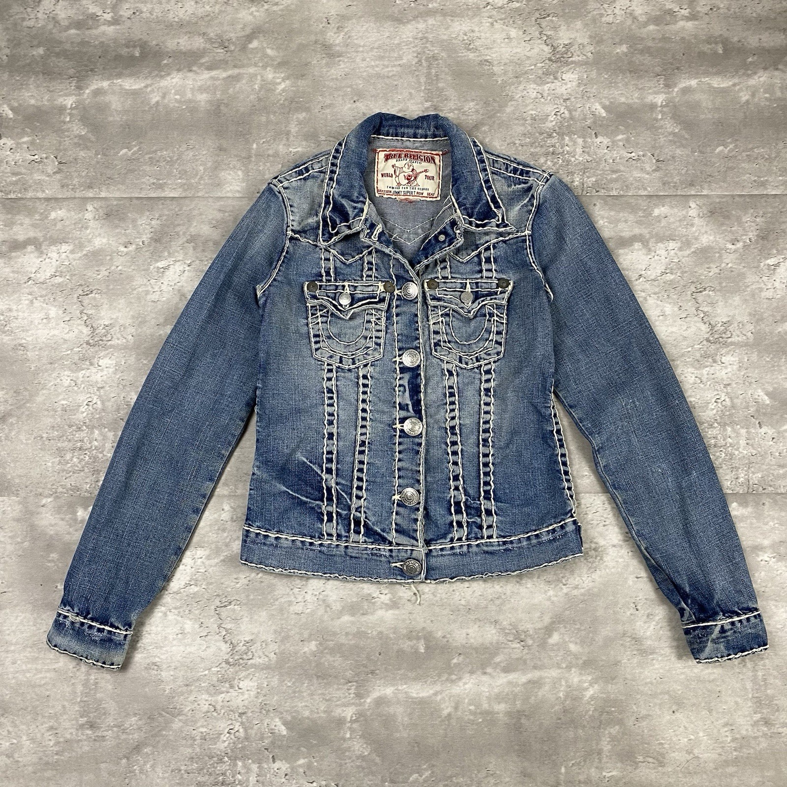 vintage TRUE RELIGION denim jean jacket womens S/M y2k faded distressed