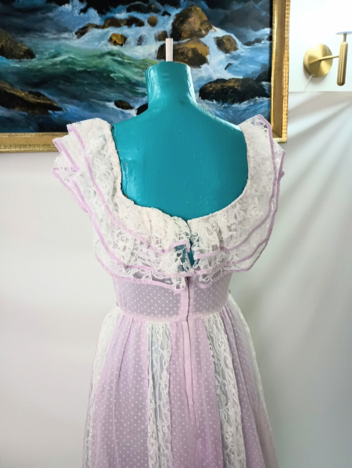 Soft Purple Lilac Cottagecore Polka Dot And Lace Vintage 1970s Dress Small XS