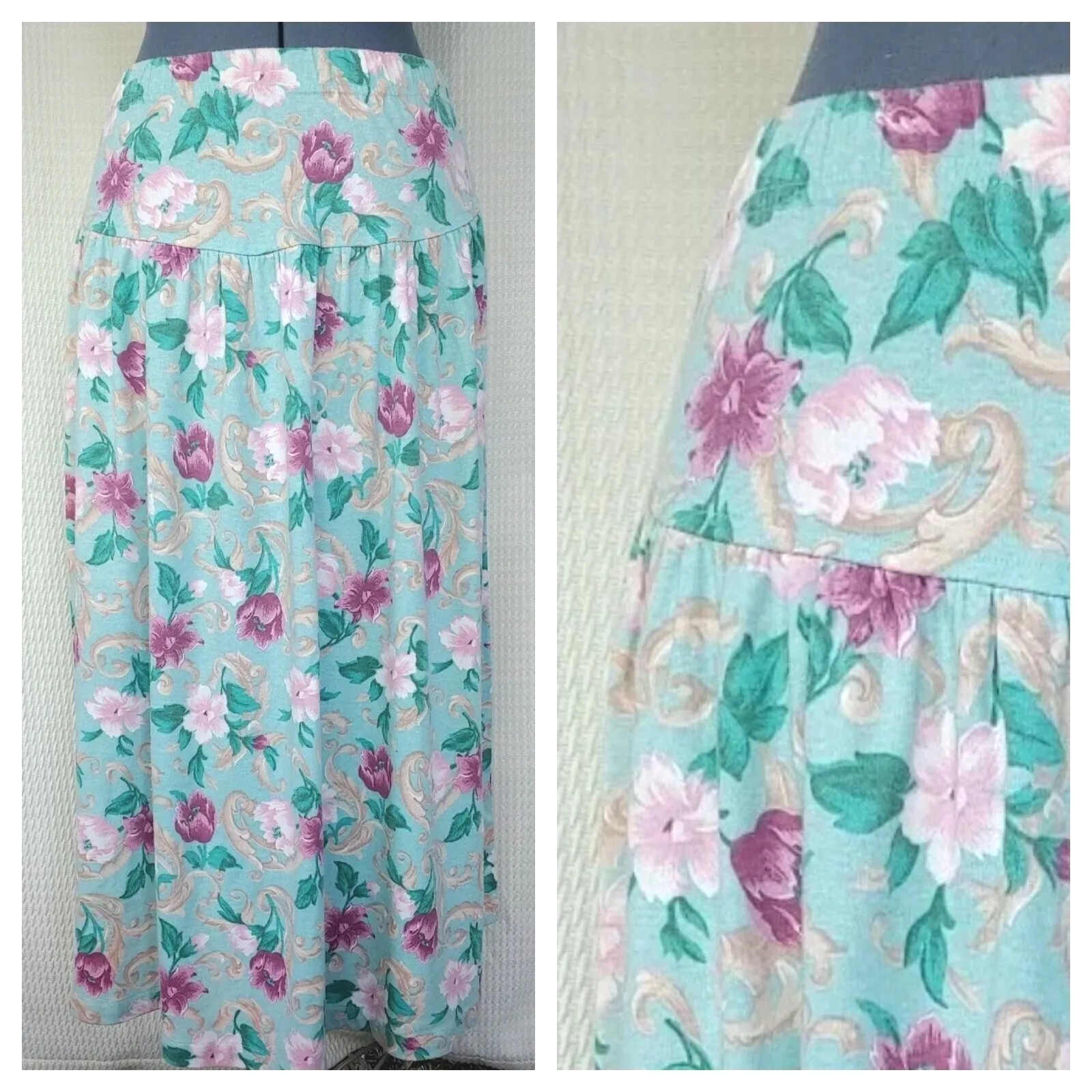 Vintage Beldoch Pepper Mint Green Floral Knit Skirt Size Medium