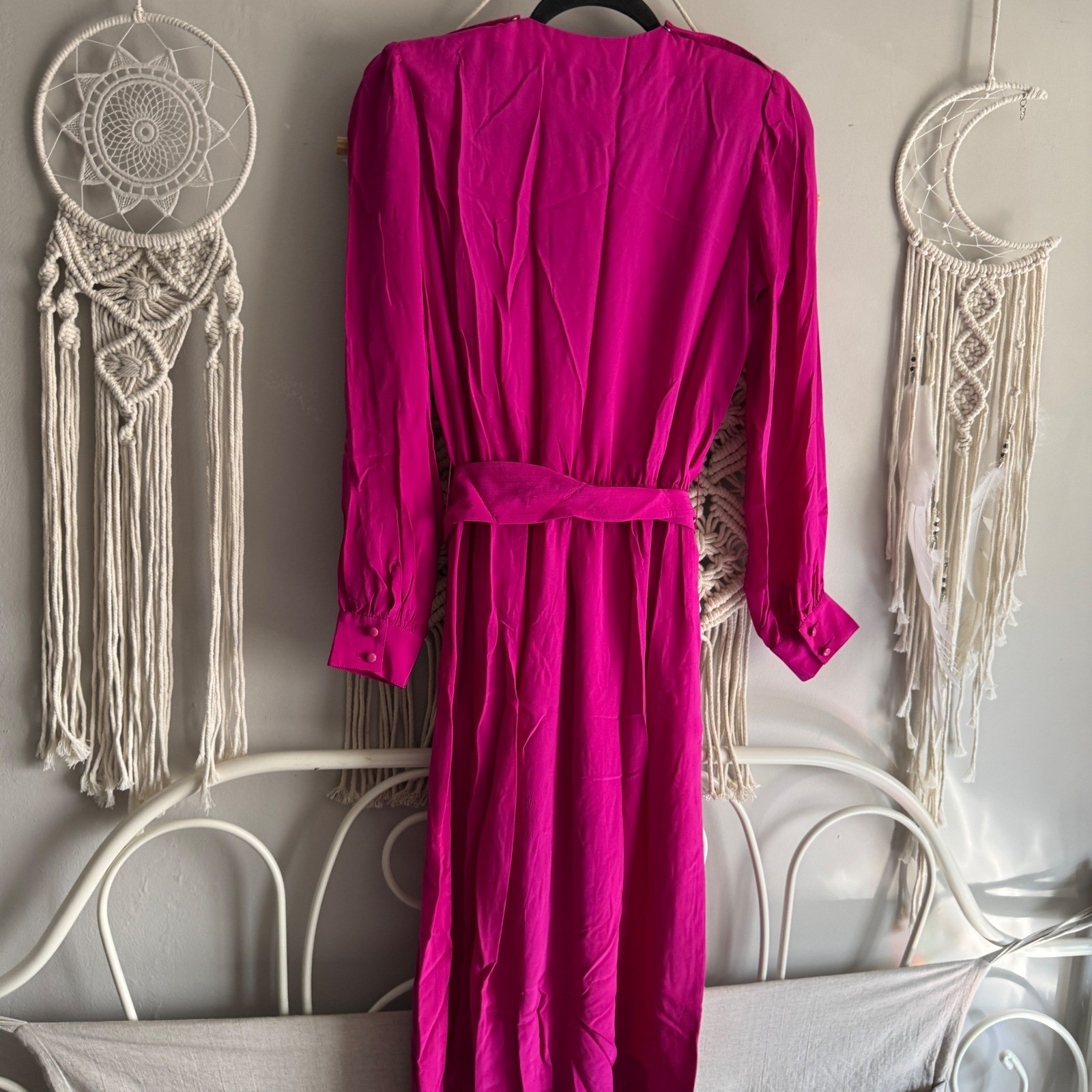 Silk Studio Vintage Fuchsia Pink 100% Silk Long Sleeve Midi Dress Size 8