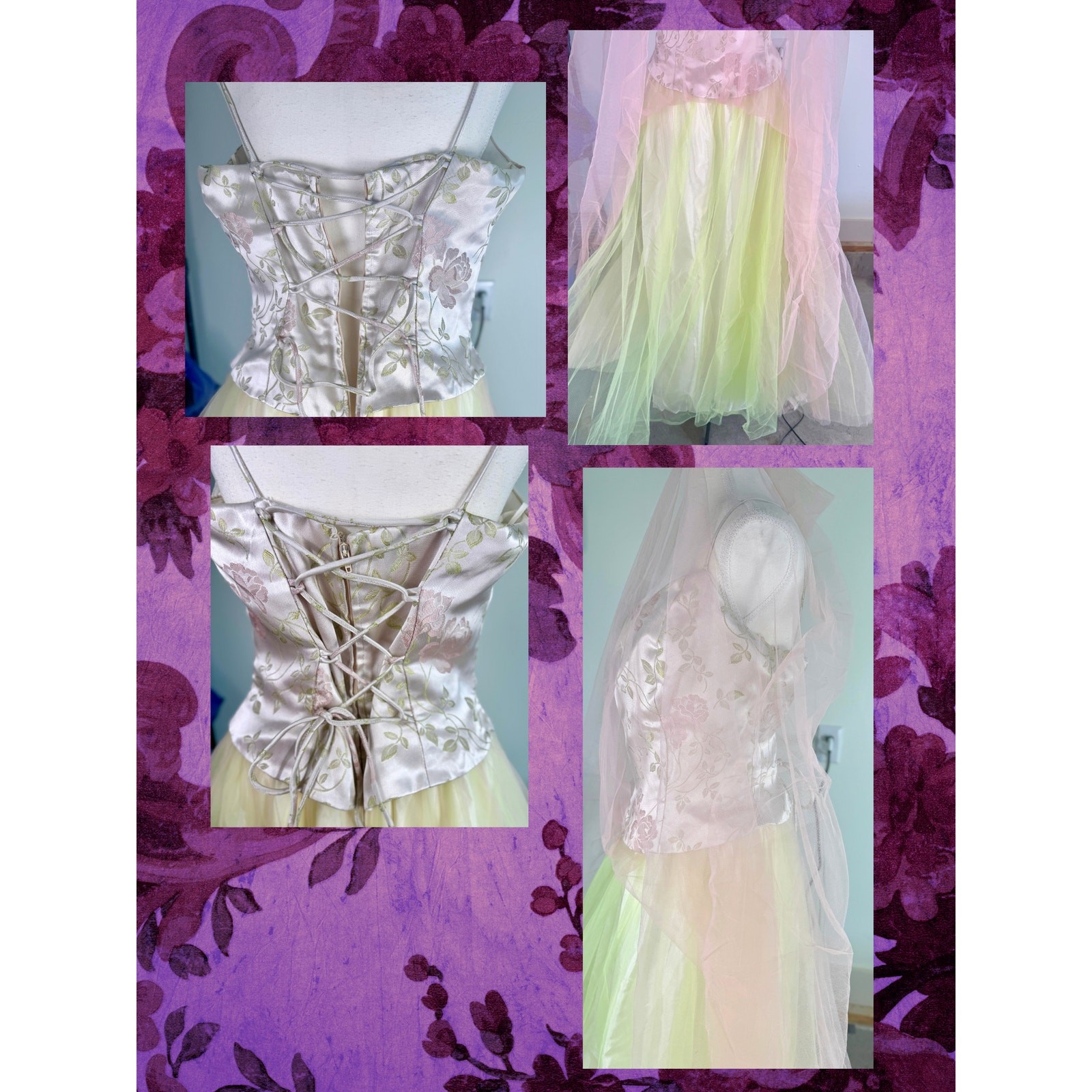 Vintage 70s Dave and Johnny Brocade Corset Tulle Green Pink Tulle Gown 13/14