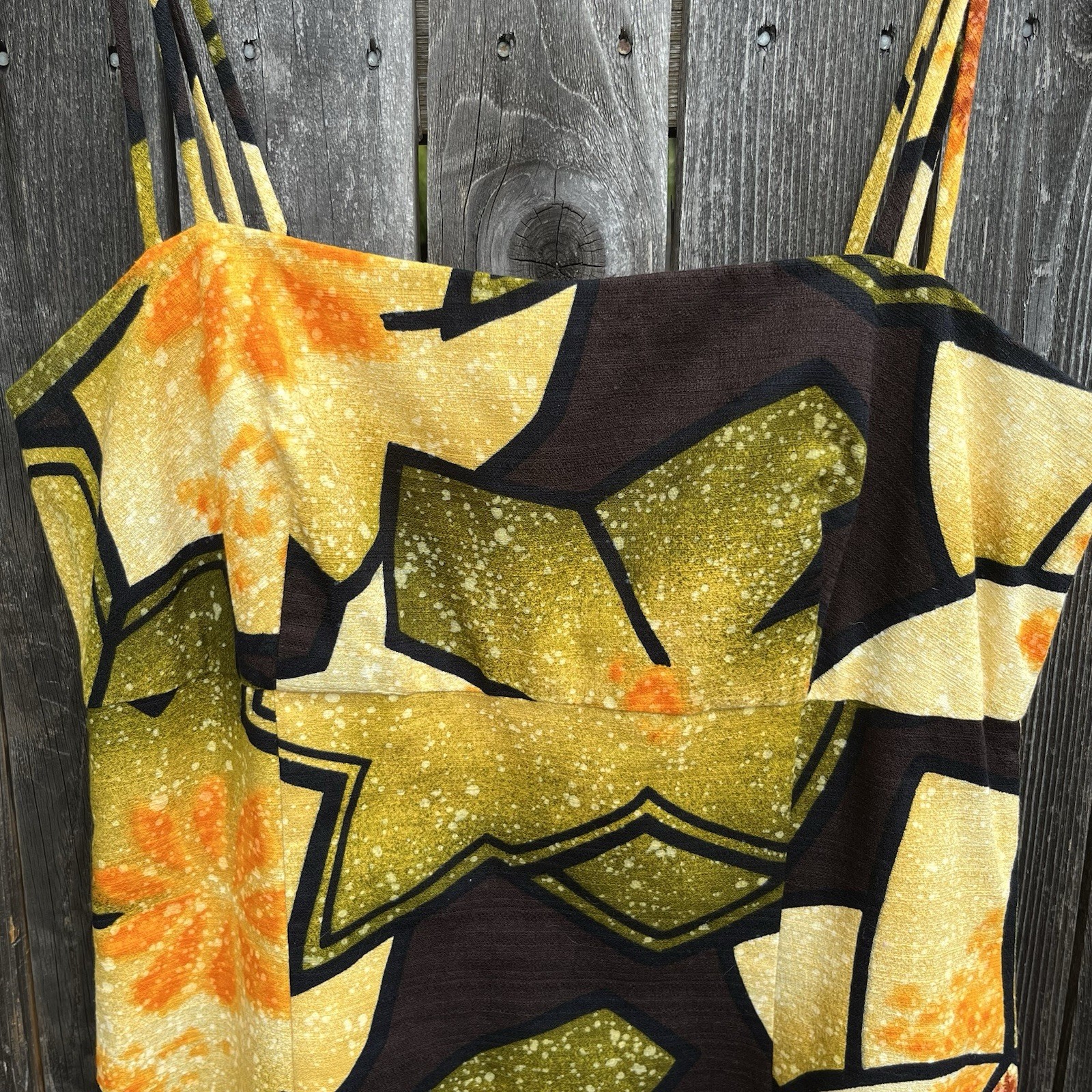 VTG 60s 70s Hawaiian Barkcloth Maxi Dress floral yellow Shoulder tie Sleeveless
