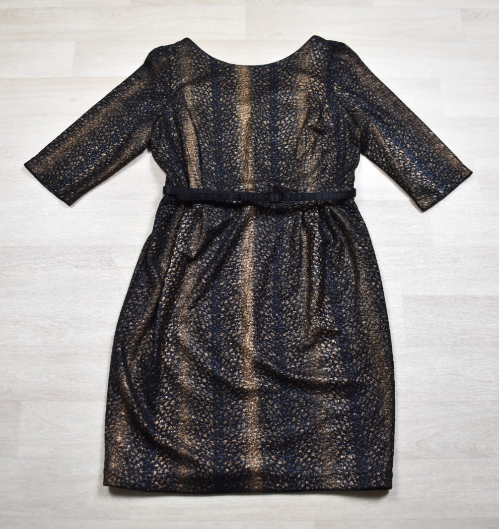 90s Alex Evenings Midi Cocktail Dress Black Gold 3/4 Sleeve Belt Size 14 VTG