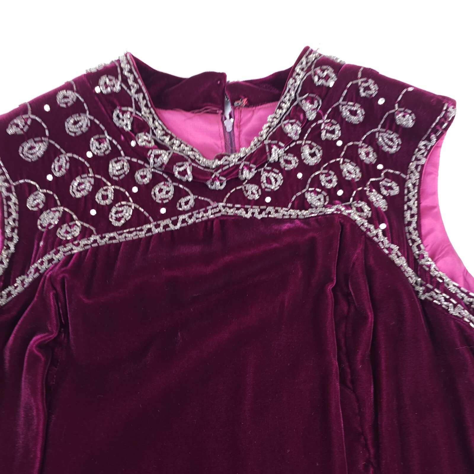 VTG 60s Velvet Goddess Bombshell Party Column Maxi Hostess Dress Purple Beaded