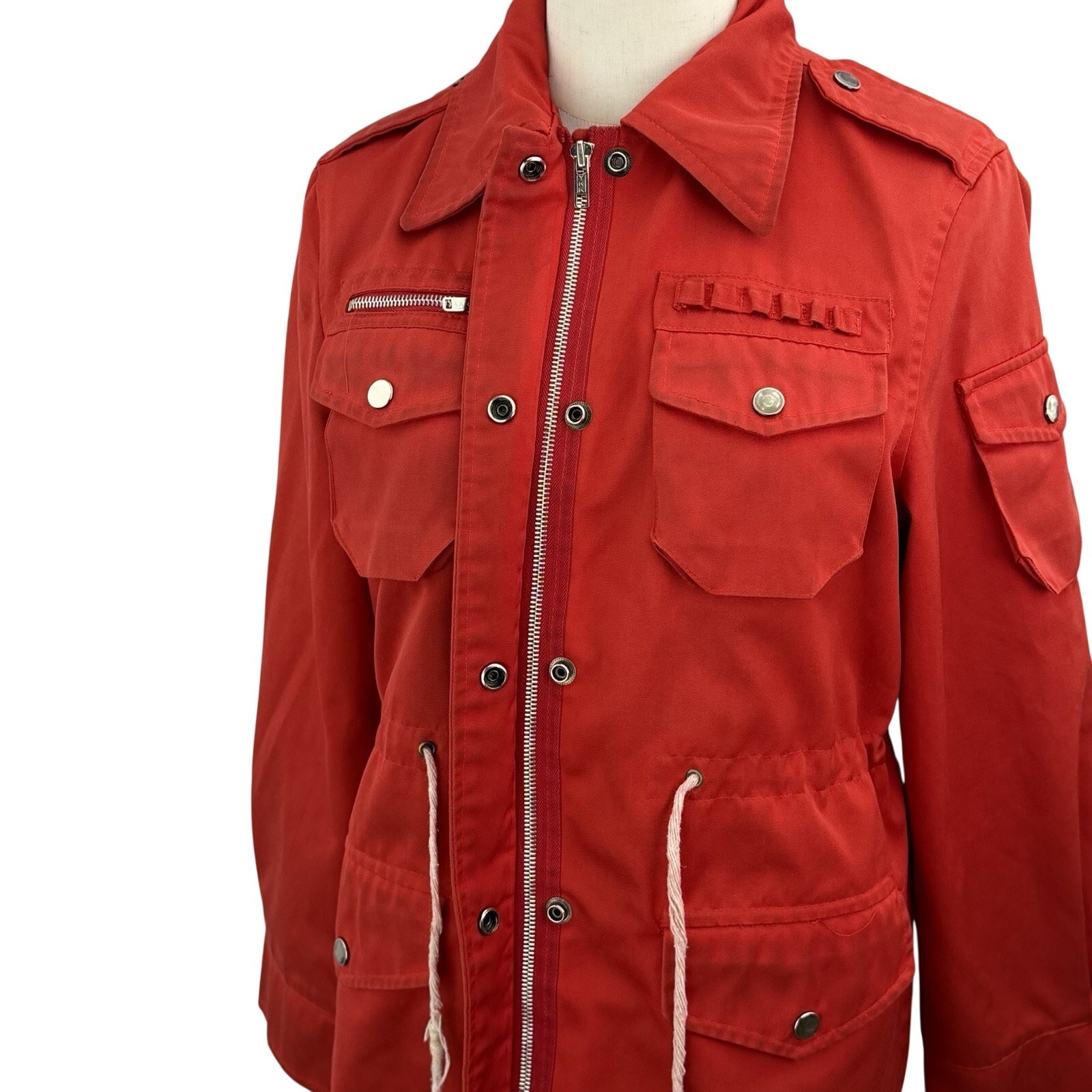 Vintage 70s Red Utility Jacket Small Cinch Waist Military Safari Field Coat