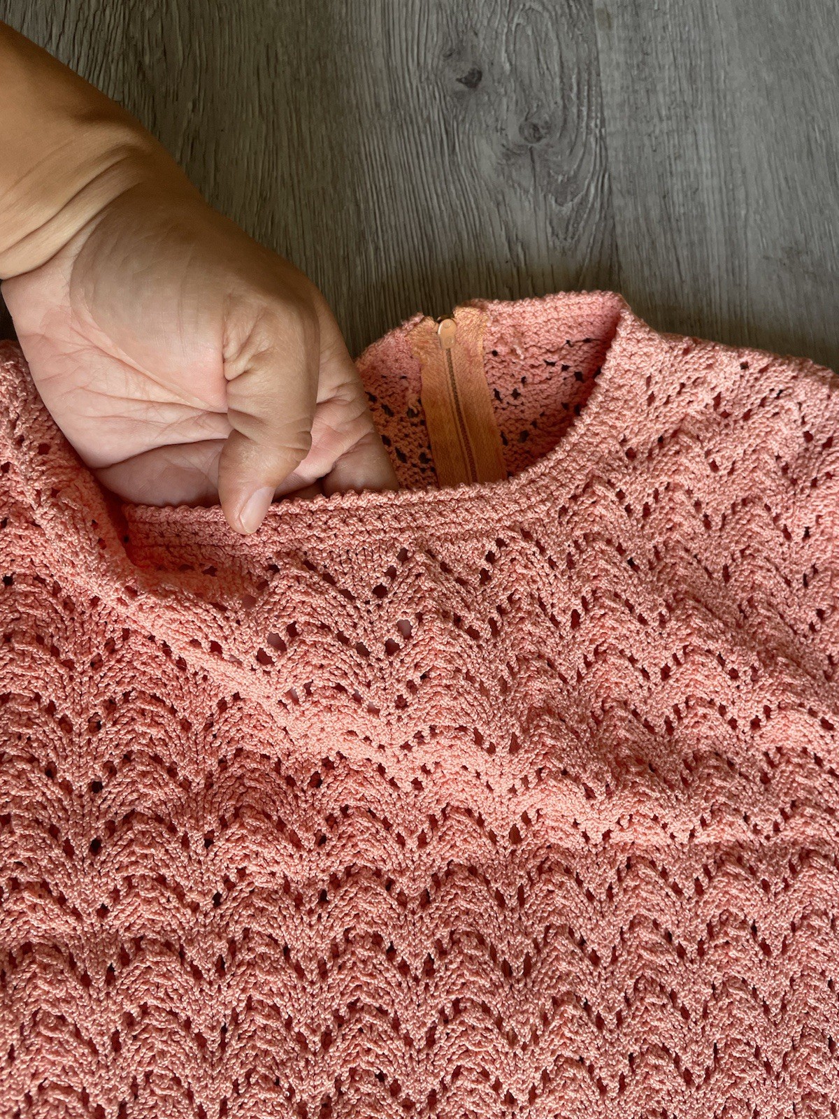 Salmon pink vintage open crochet mid length zipper back dress 60s or 70s 1970s
