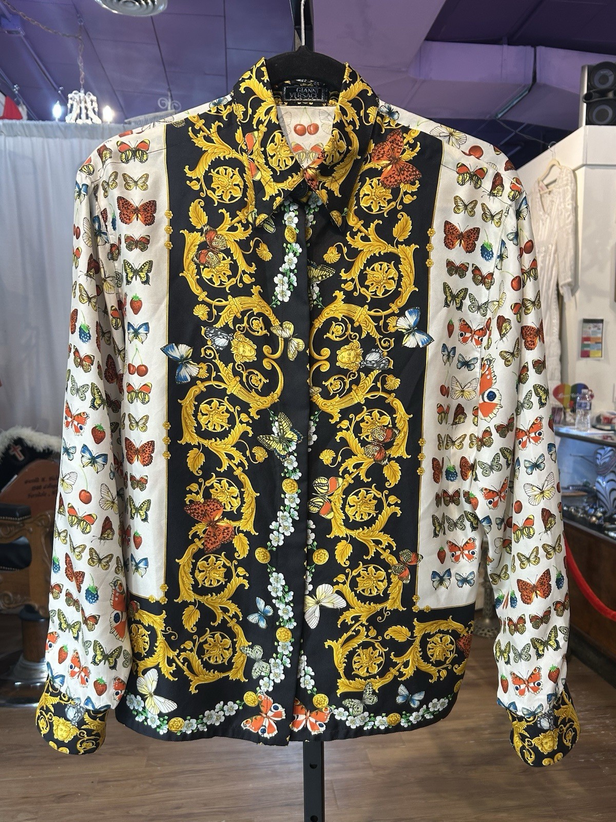 Vintage 1990s Gianni Versace Silk Blouse w/ Baroque Butterfly Fruit Print