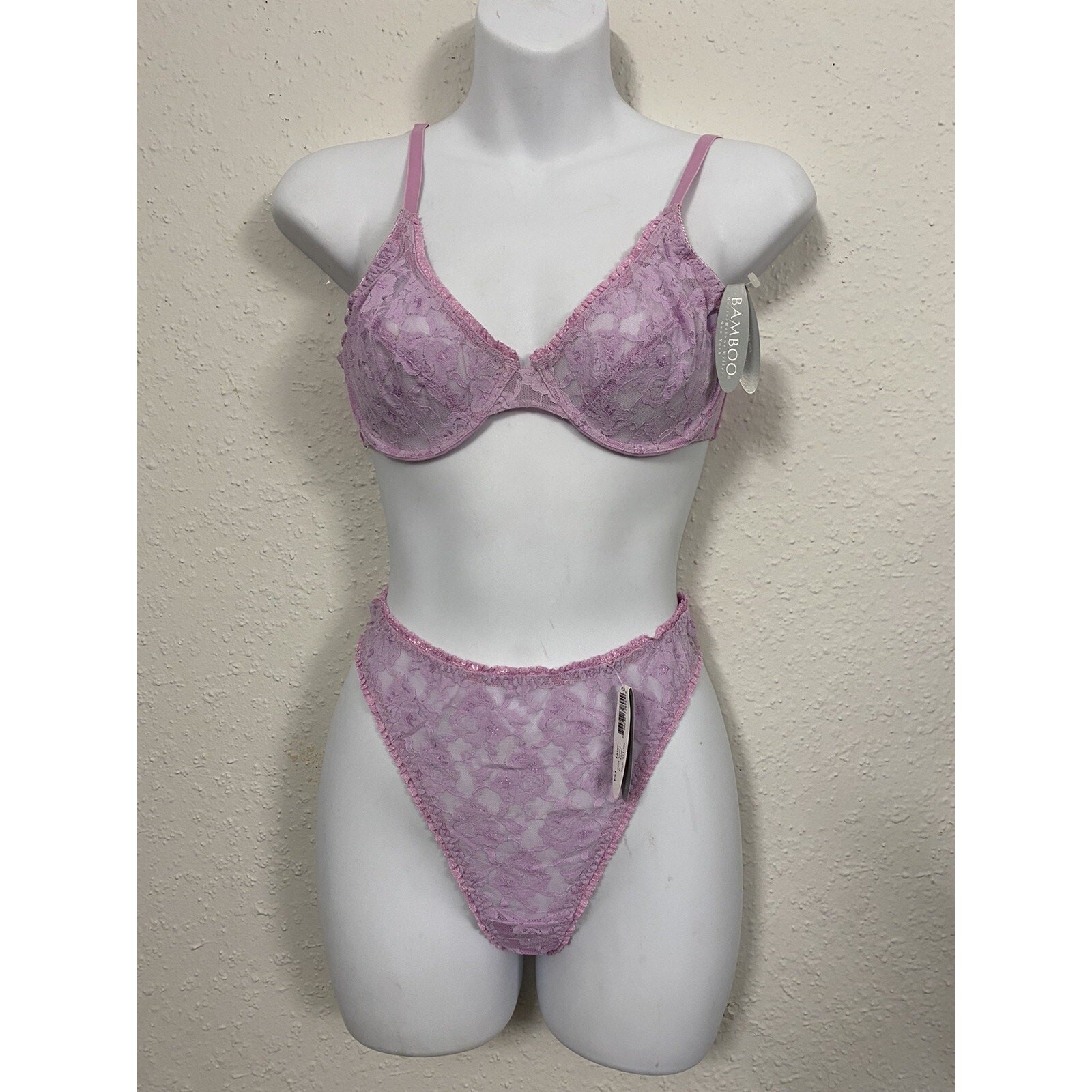 VINTAGE 2PC SET 90S BAMBOO HELENE MILLER NY Sexy Lace PURPLE Bra 34A/SM Panty