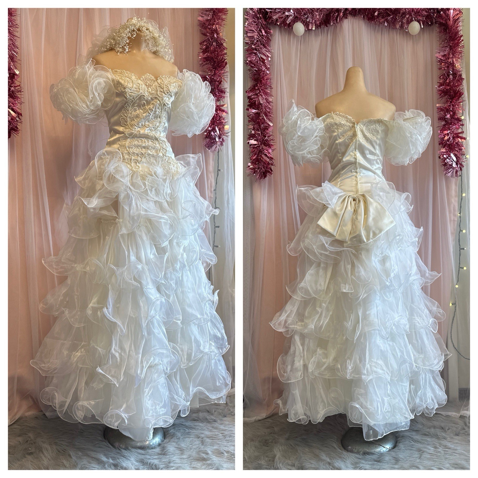 Vintage 80s 90s Beaded Wedding Dress White Off Shoulder Bow Back Veil XS
