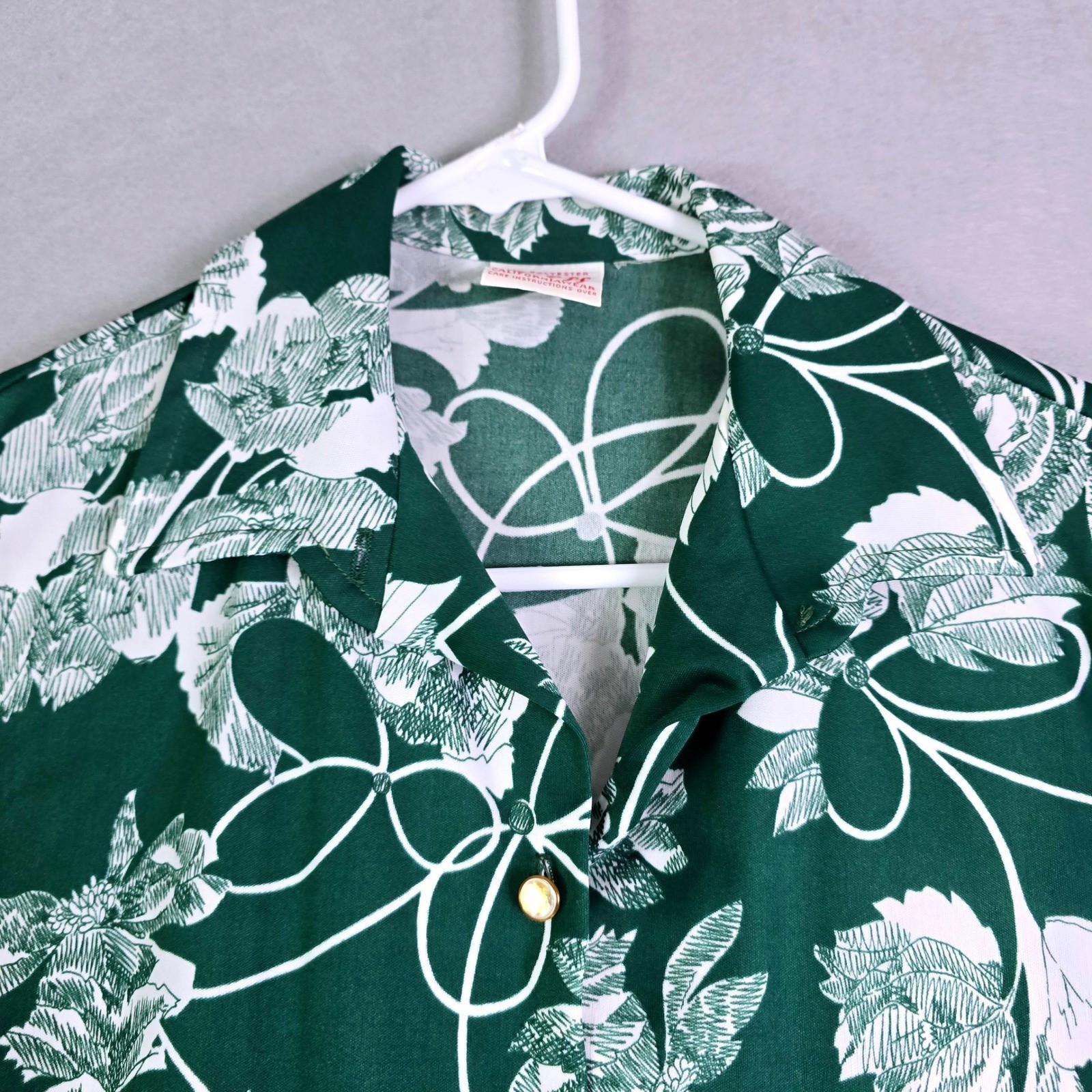Vintage 70s Graff Floral Button Blouse Women S Green White Disco Chic Mod Boho