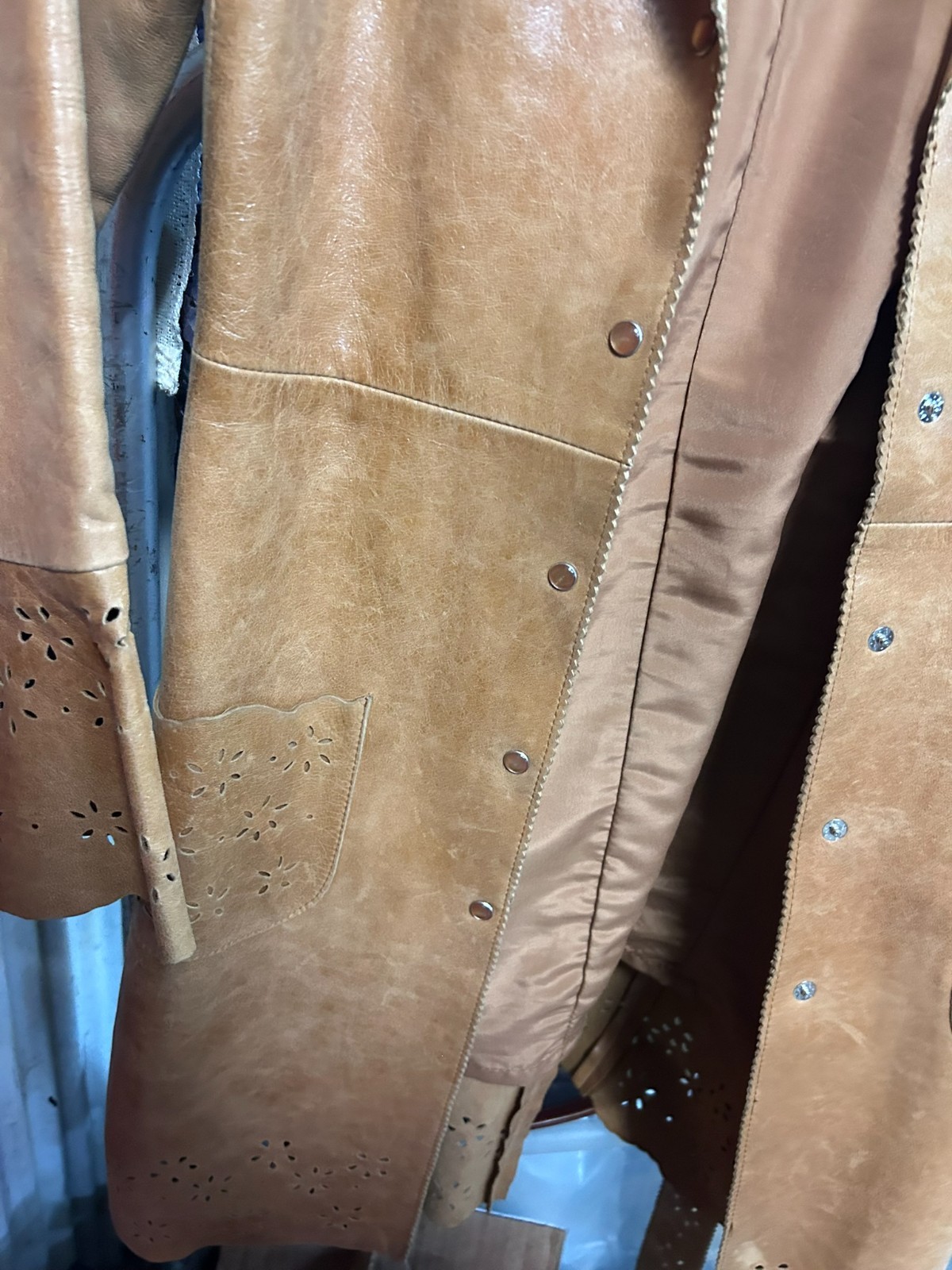 Vintage Leather Jacket Skirt Set Womens S 4 Camel Cutwork Floral Belted
