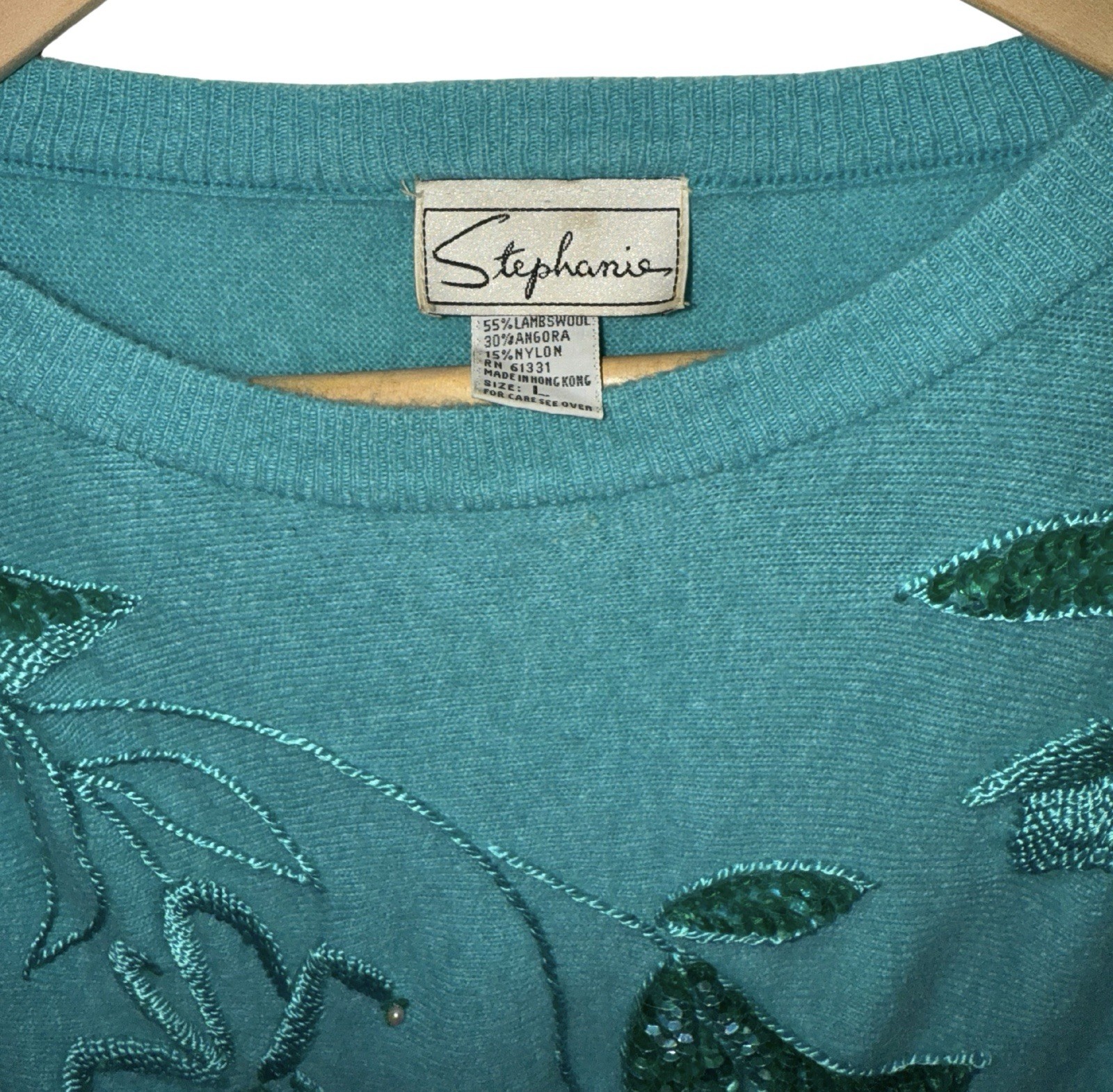 Stephanie Vintage 1980s Lambswool Angora Dolman Sleeve Sweater Turquoise Sequin