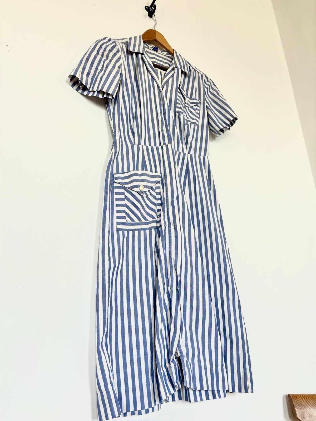 Vintage 1930s 1940s WWII Striped Cotton Puff Sleeve Uniform/Workwear Day Dress