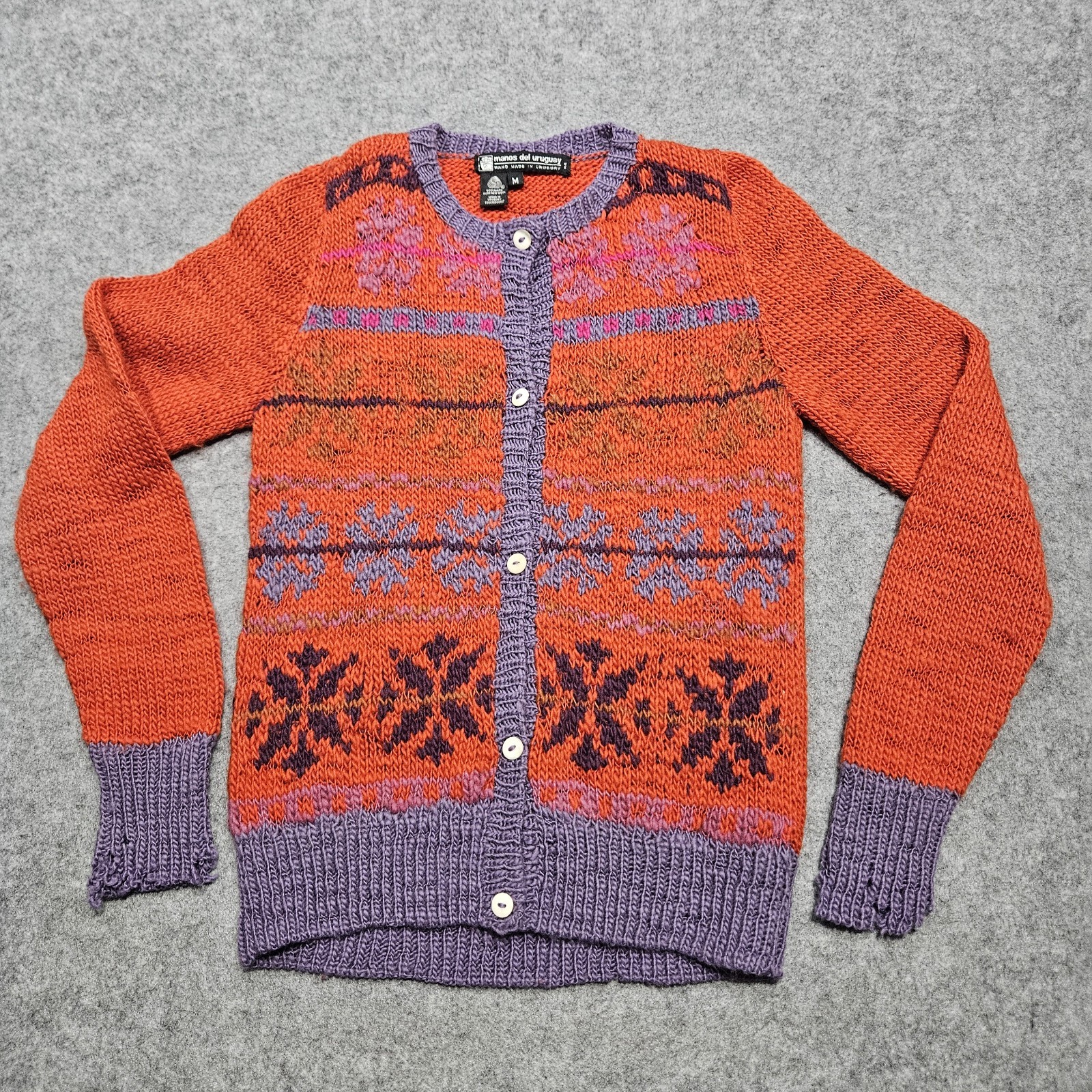 VTG Handmade Wool Cardigan Uruguay Women&rsquo;s Size M Hand Knit BOHO Knit *Flaw