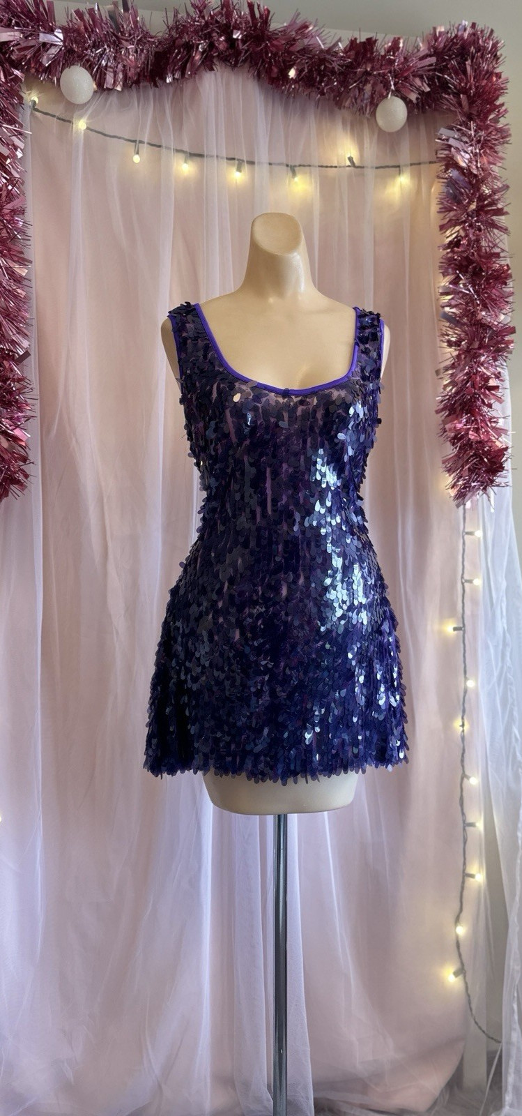 Vintage Y2K 2000s Purple Sequin Mini Dress Sleeveless Bodycon Festival Rave M/L