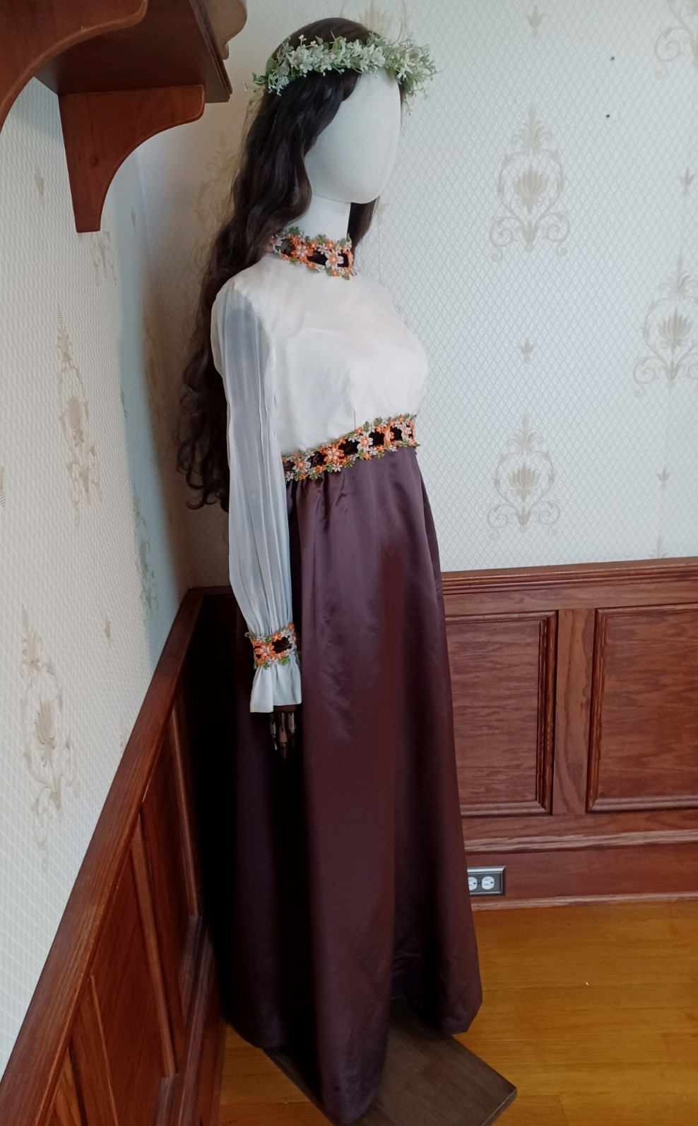 Vintage 1960s/70s Brown Satin Floral Embroidered Cottagecore Boho Maxi-dress