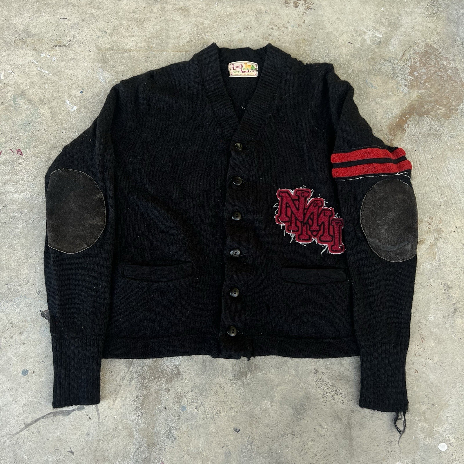 Vintage 1930s–1940s Lamb Knit Virgin Wool Varsity Cardigan Sweater Leather Patch