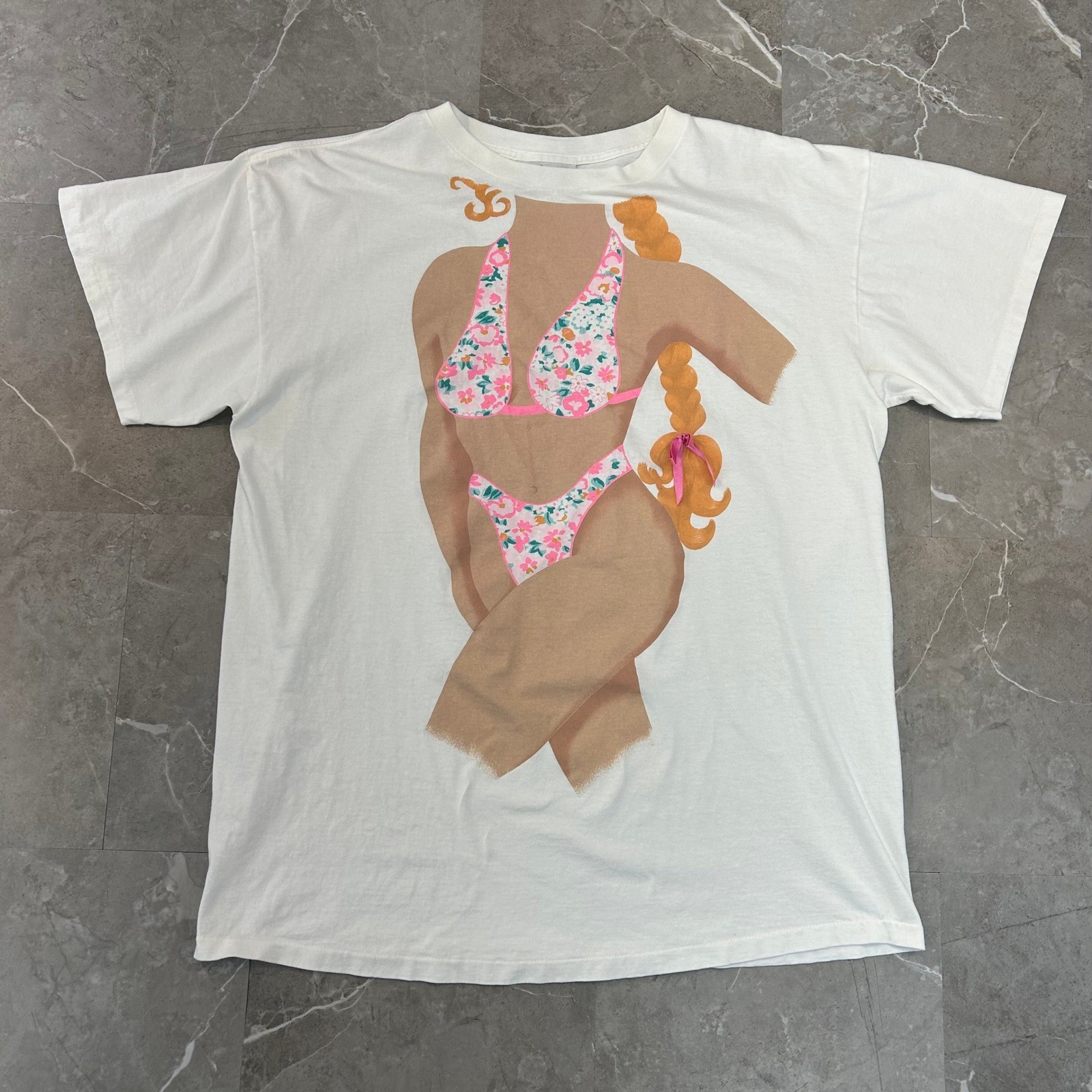 90s Vintage Bikini Graphic Tee Womens OSFA Beach Dress Short Sleeve Shirt White