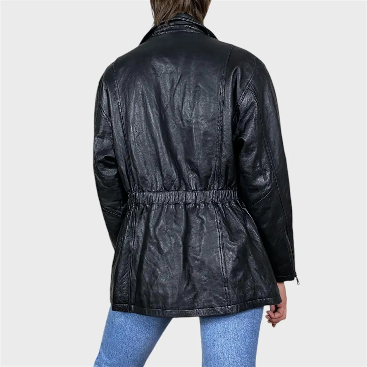 Vintage Black Leather Jacket Moto Biker Style Zipped Jacket Size US8