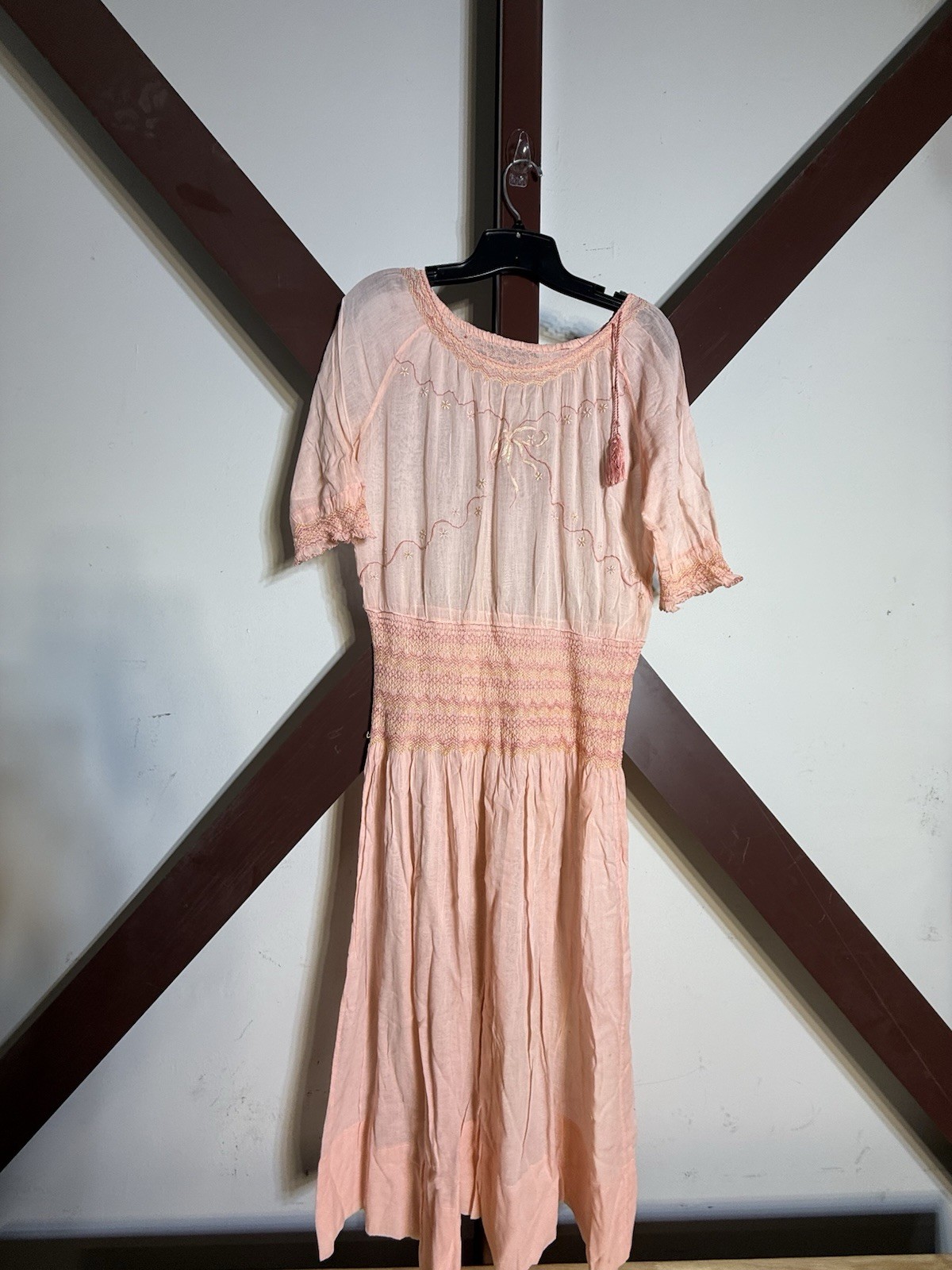 Antique 1920s 1930s Pink Gauze Dress Hand Smocked Embroidered Prairie Cottage