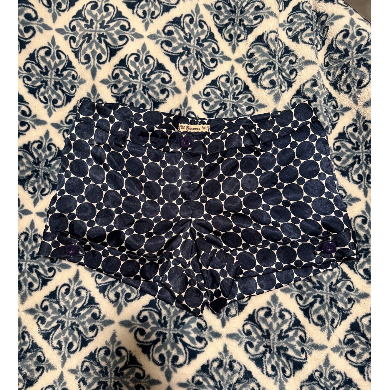 Y2K Forever 21 Satin Micro Mini Polka Dot Geometric Shorts Navy Vintage 2000s S