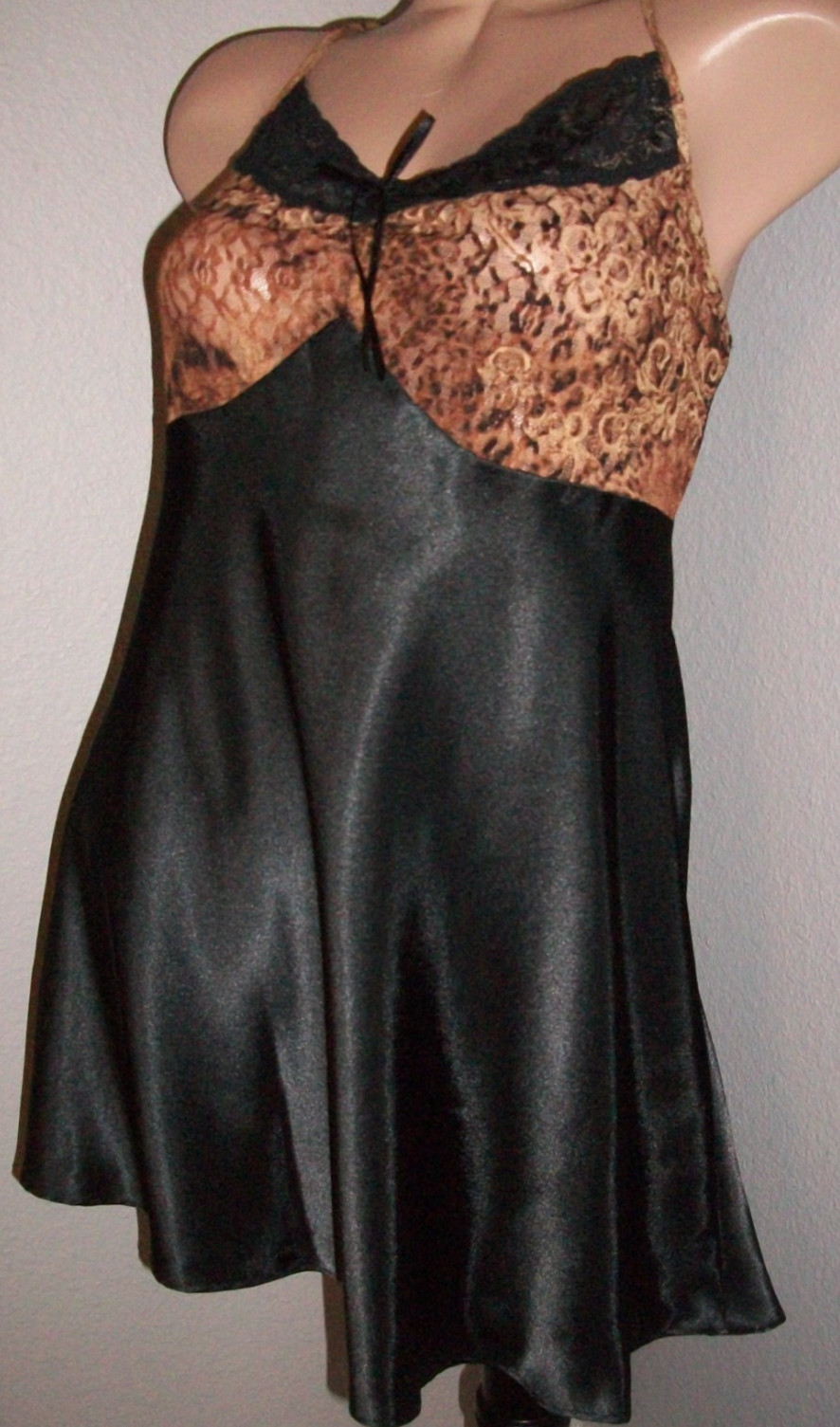 Vtg Animal Print Lace Bust Satin Dress Babydoll M