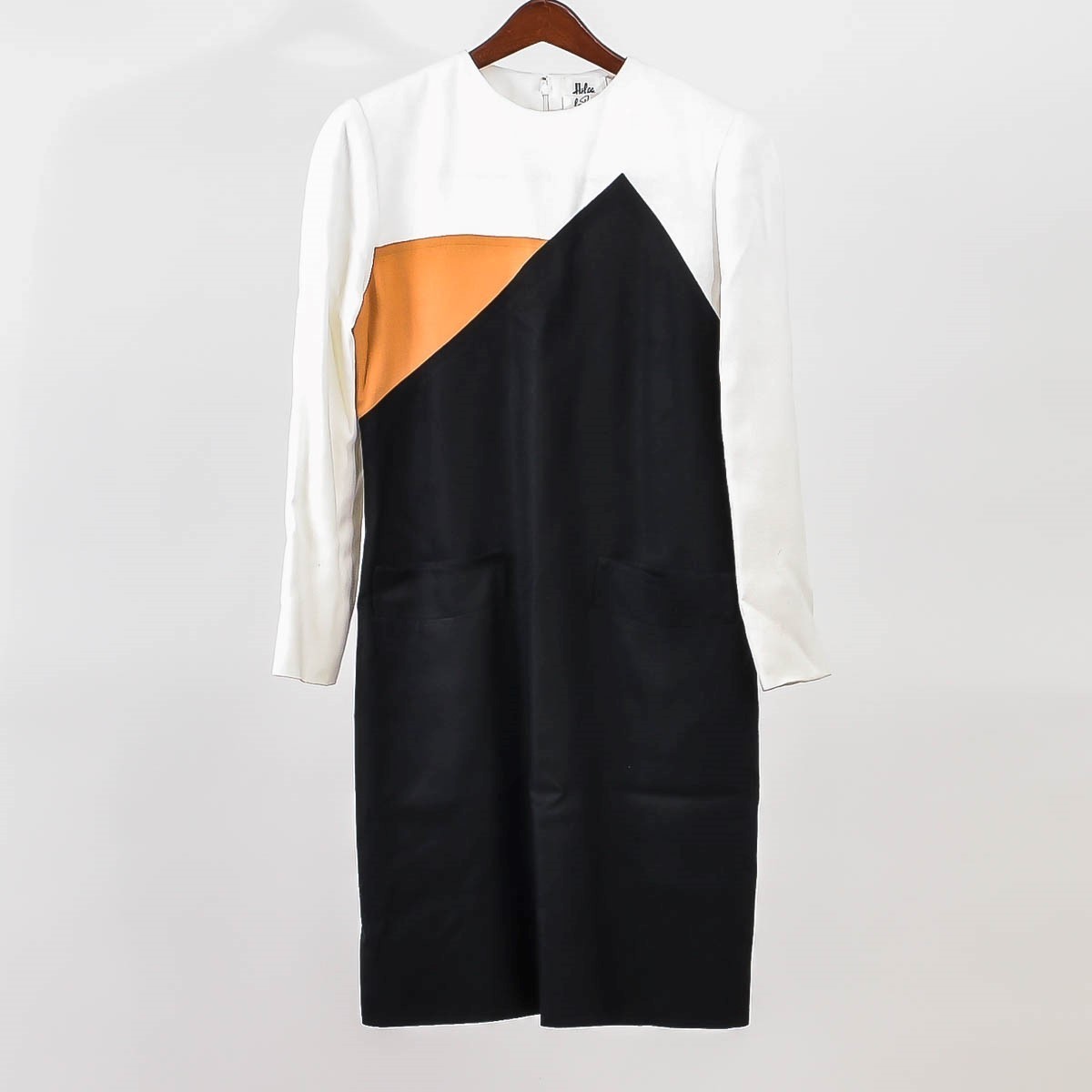 Vtg Helga Linen Sheath Dress Women&rsquo;s Large Black White Tan Long Sleeved 1980&rsquo;s