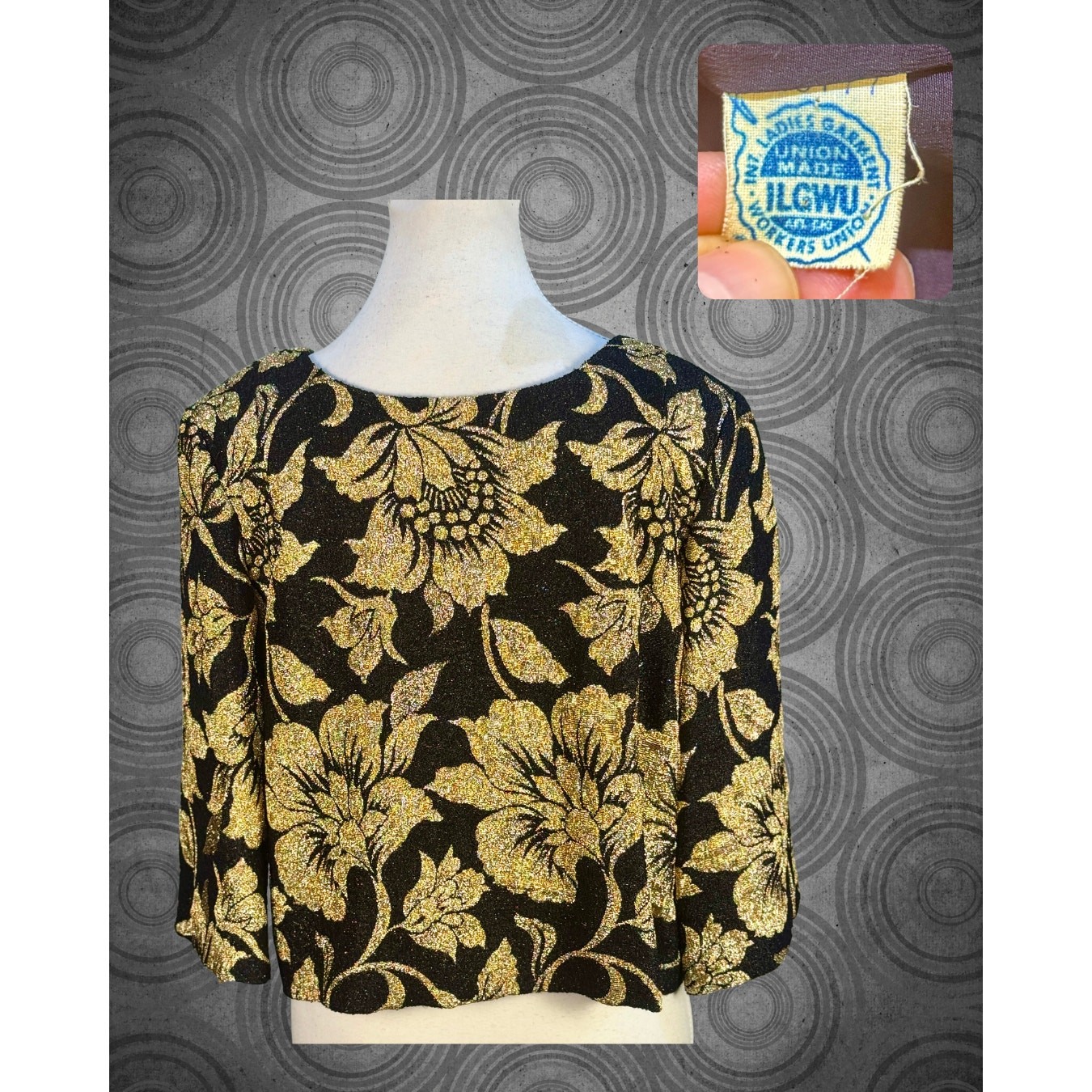 Vintage 60s Gold Lurex Black Floral Brocade Bolero Crop Evening Coat L