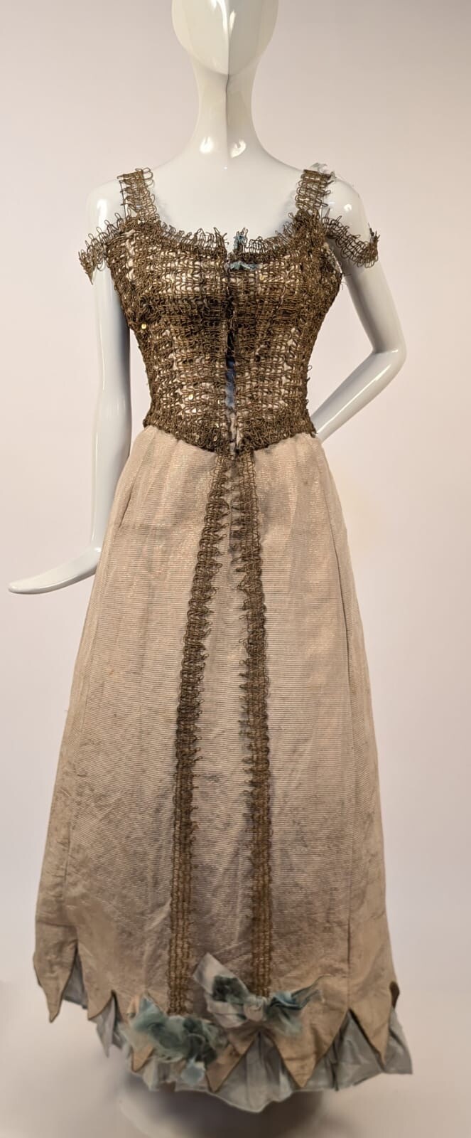 UNUSUAL VICTORIAN 1880’S SILK FAILLE + METALLIC GOLD BRAID BUSTLE DRESS