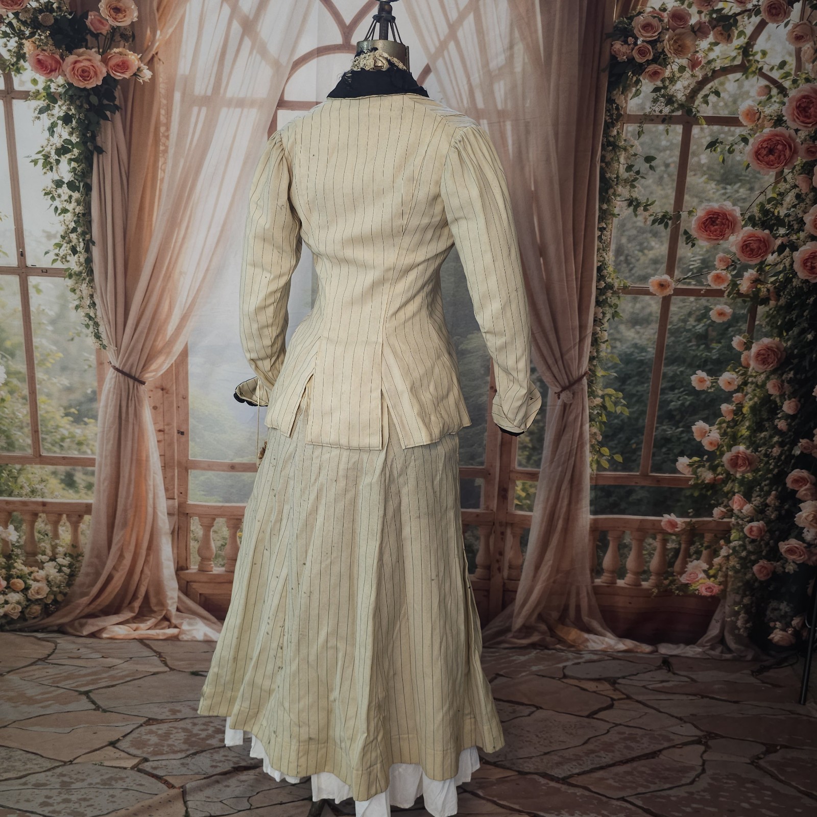 Antique Walking Suit 2 Pc Cream Pinstripe Purse Dress Black Trim Blazer Jacket